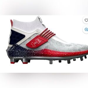 Under armour Harper 8 ST baseball cleat in the "USA" colorway (White/Navy/Red).